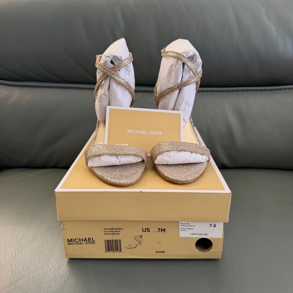 Michael Kors Ava Mid Sandal Glitter Mesh Rose Gold Sand 7M 40F9AVMA3D